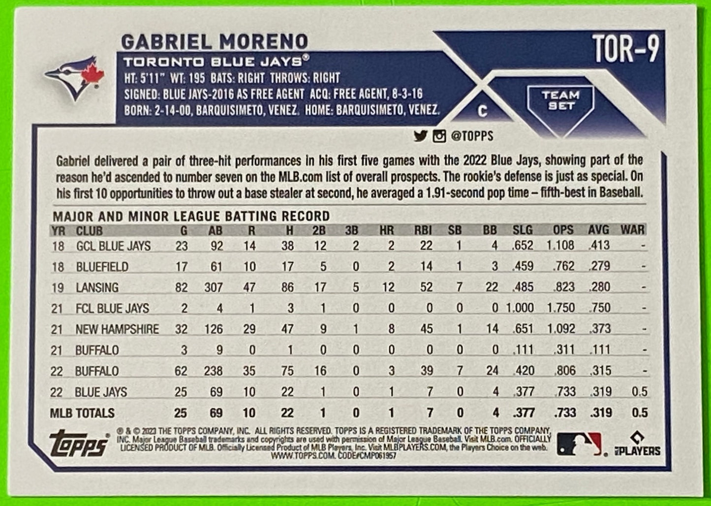 Gabriel Moreno (RC) 2023 Team Set MLB #TOR-9 Toronto Blue Jays by The Topps Co., Inc.