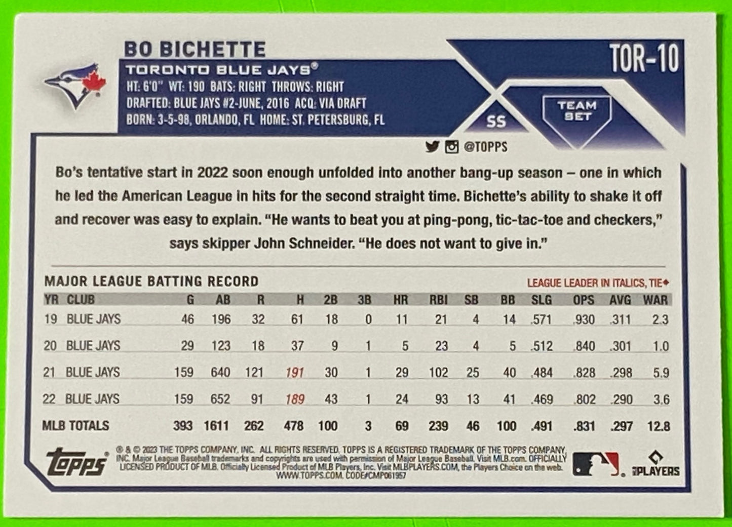 Bo Bichette 2023 Team Set MLB #TOR-10 Toronto Blue Jays by The Topps Co., Inc.