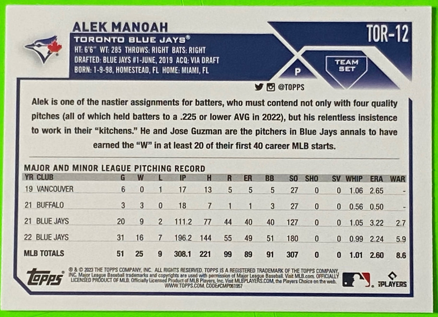 Alek Manoah 2023 Team Set MLB #TOR-12 Toronto Blue Jays by The Topps Co., Inc.