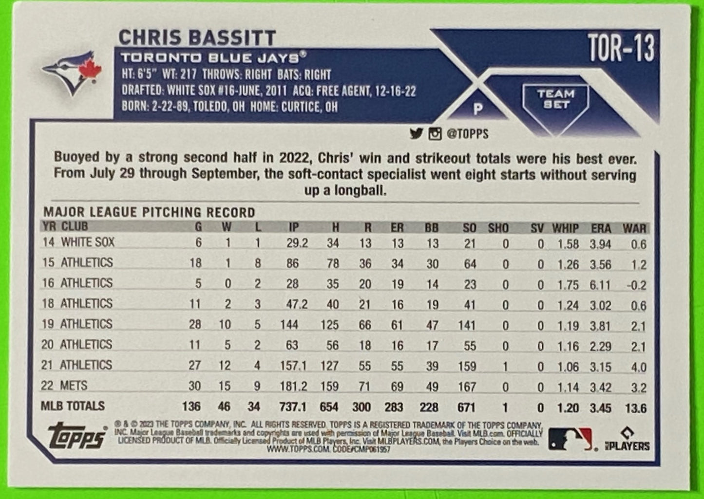 Chris Bassitt 2023 Team Set MLB #TOR-13 Toronto Blue Jays by The Topps Co., Inc.