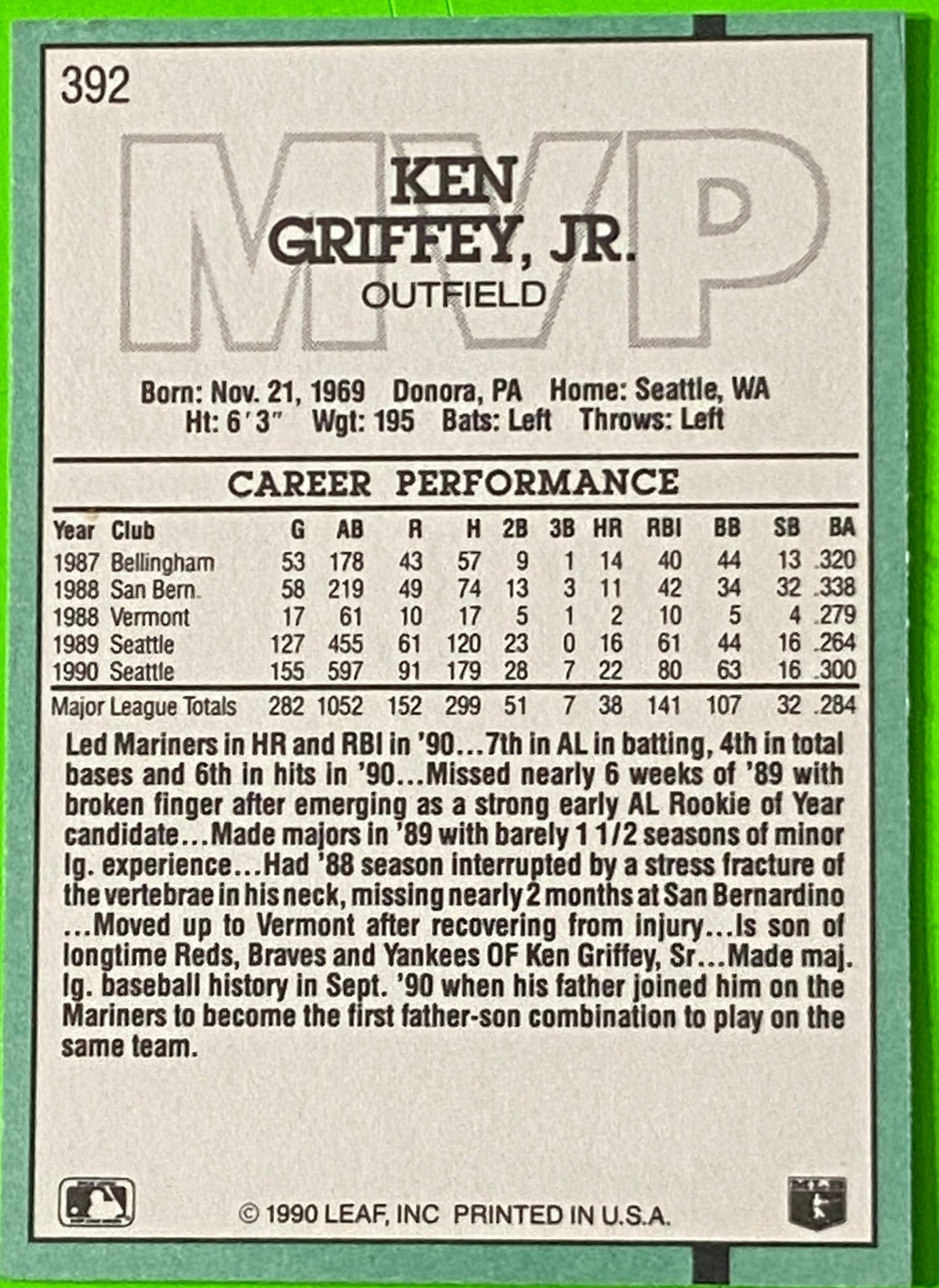 Ken Griffey Jr MVP #392A 1991 MLB Donruss Seattle Mariners by Donruss