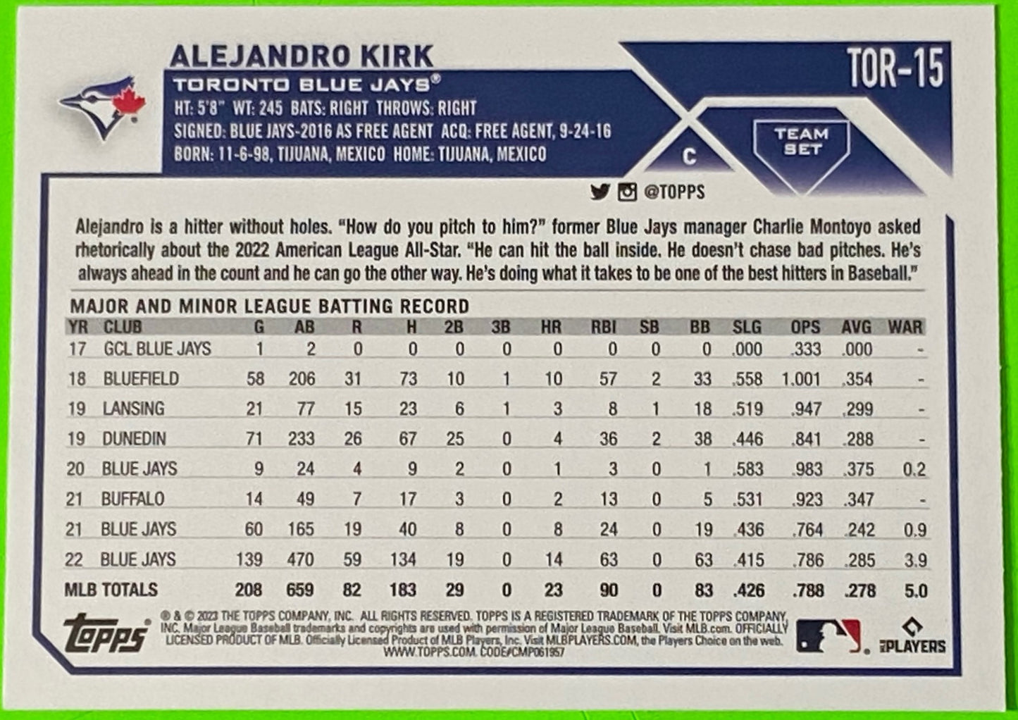 Alejandro Kirk 2023 Team Set MLB #TOR-15 Toronto Blue Jays by The Topps Co., Inc.