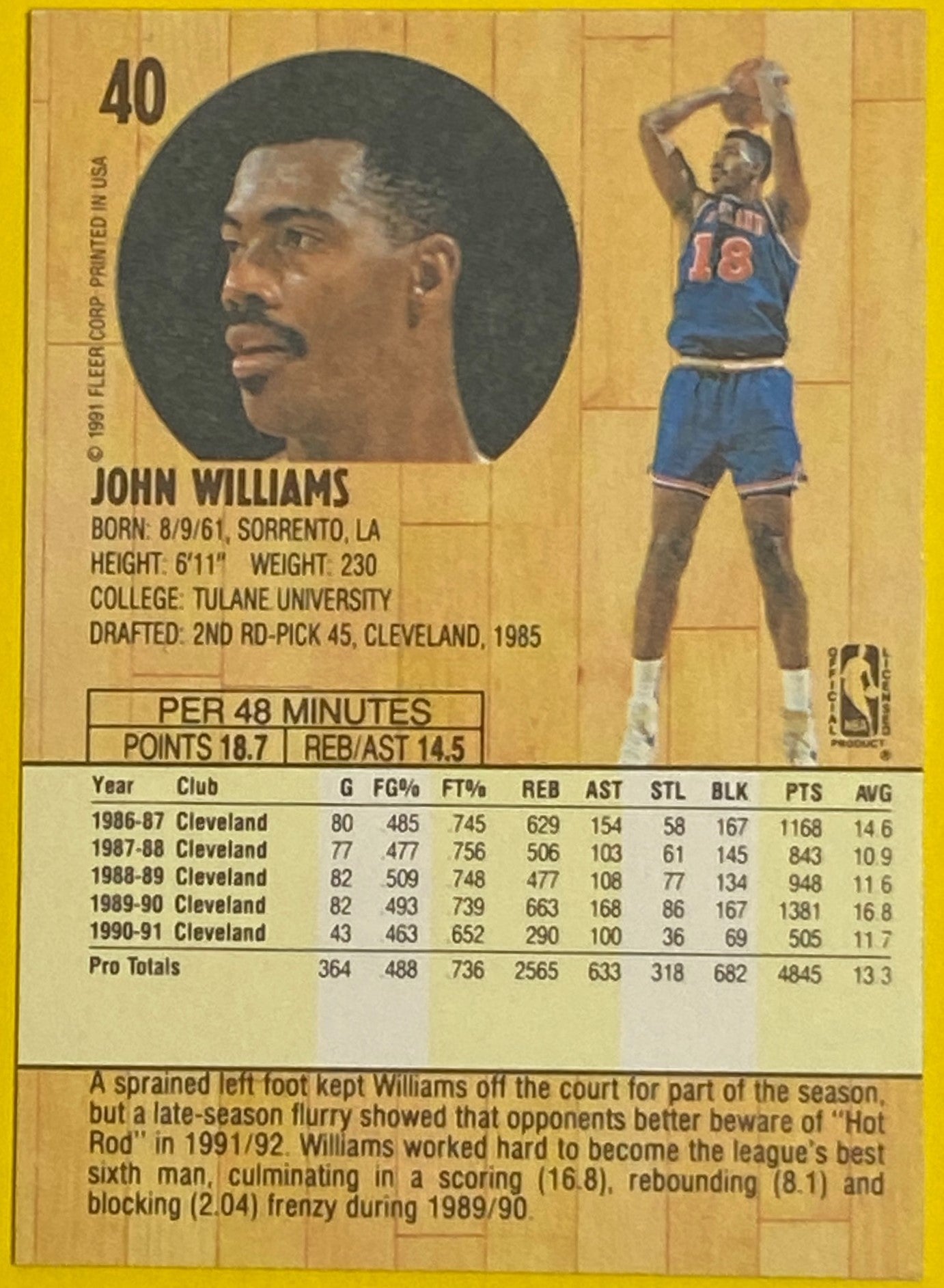 John Williams 1991-92 NBA #40 Cleveland Cavaliers by Fleer Corp.