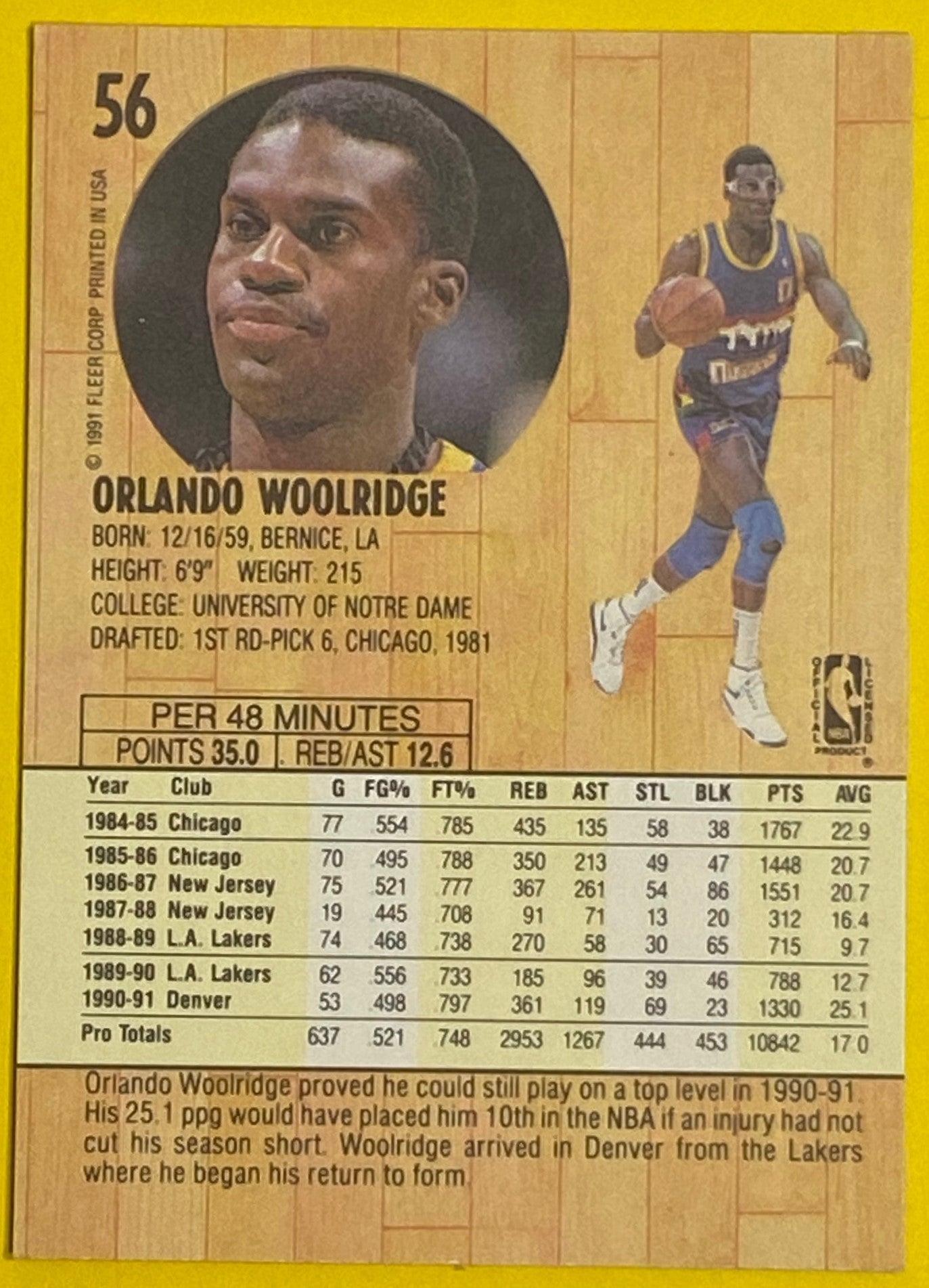 Orlando Woolridge 1991-92 NBA #56 Denver Nuggets by Fleer Corp.