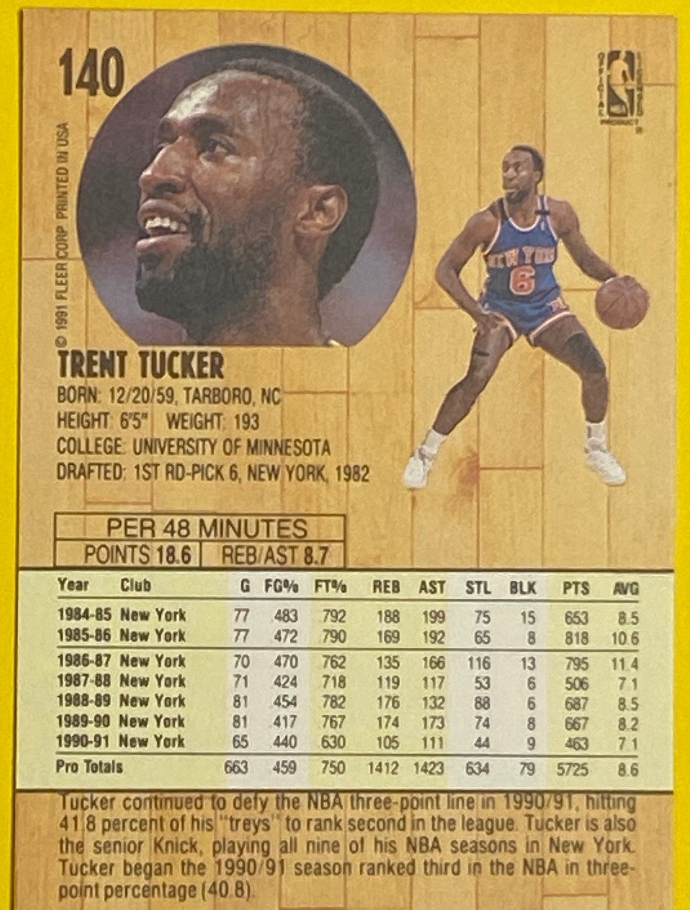 Trent Tucker 1991-92 NBA #140 New York Knicks by Fleer Corp.