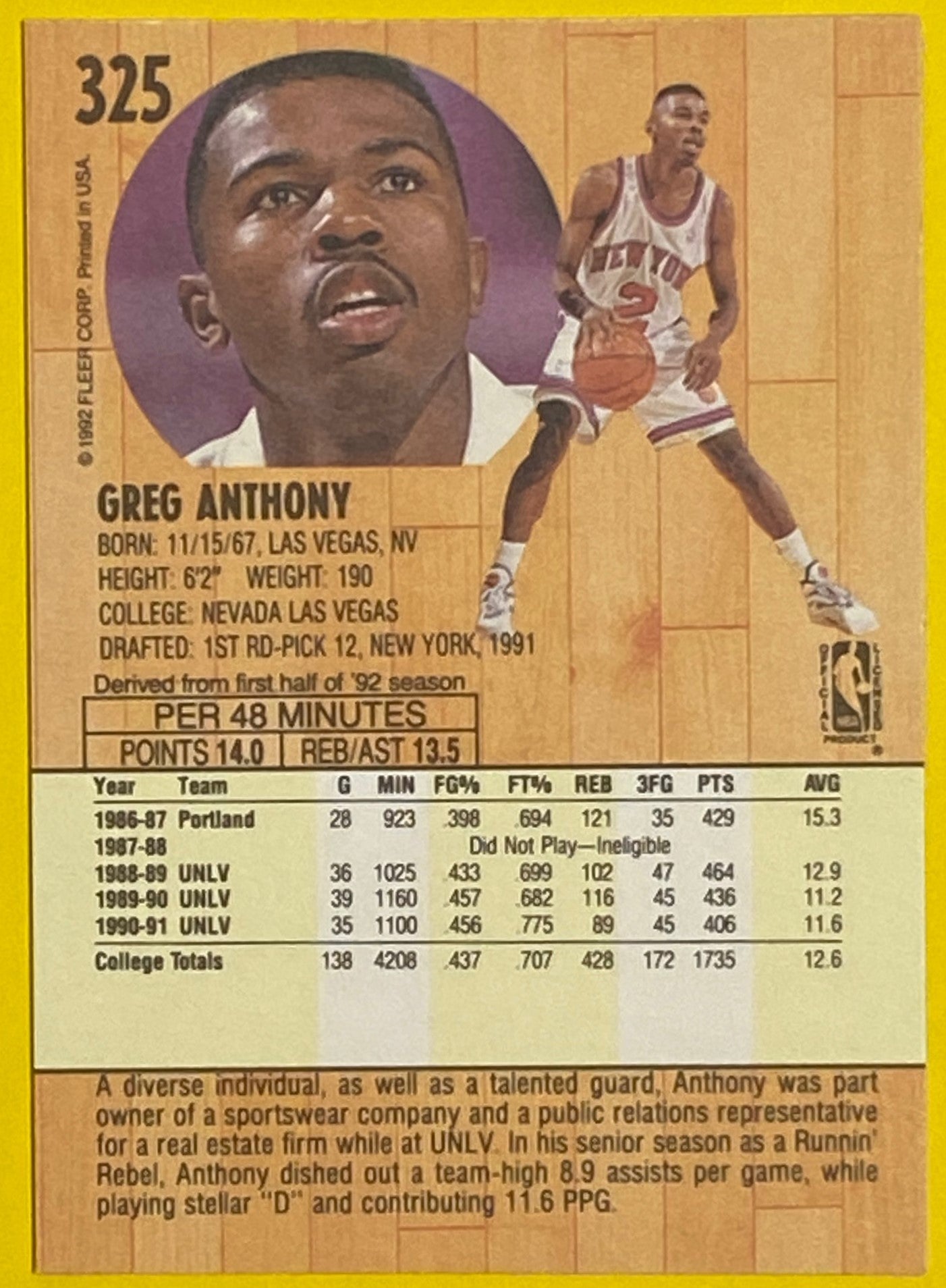 Greg Anthony (RC) 1991-92 NBA #325 New York Knicks by Fleer Corp.