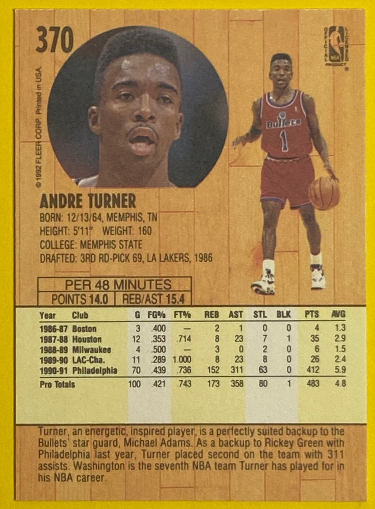 Andre Turner 1991-92 NBA #370 Washington Bullets by Fleer Corp.