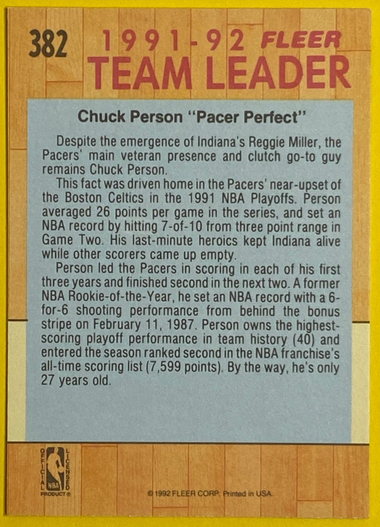 Chuck Person (TL) 1991-92 NBA #382 Indiana Pacers by Fleer Corp.