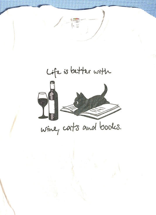 "Life is Better with Wine, Cats, & Books" NOS Ladies L White T-Shirt by FotL