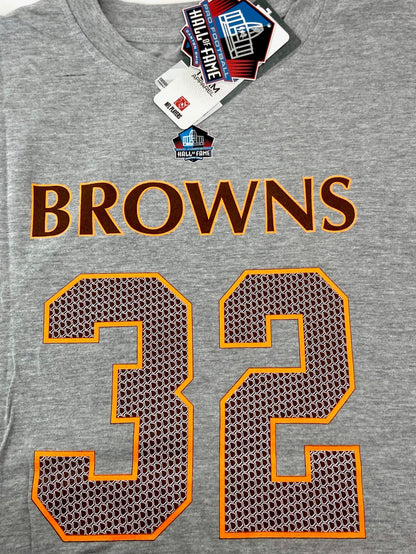 Jim Brown #32 NFL Cleveland Browns Men's and Women's Grey HOF T-Shirt by NFL Team Apparel/Majestic