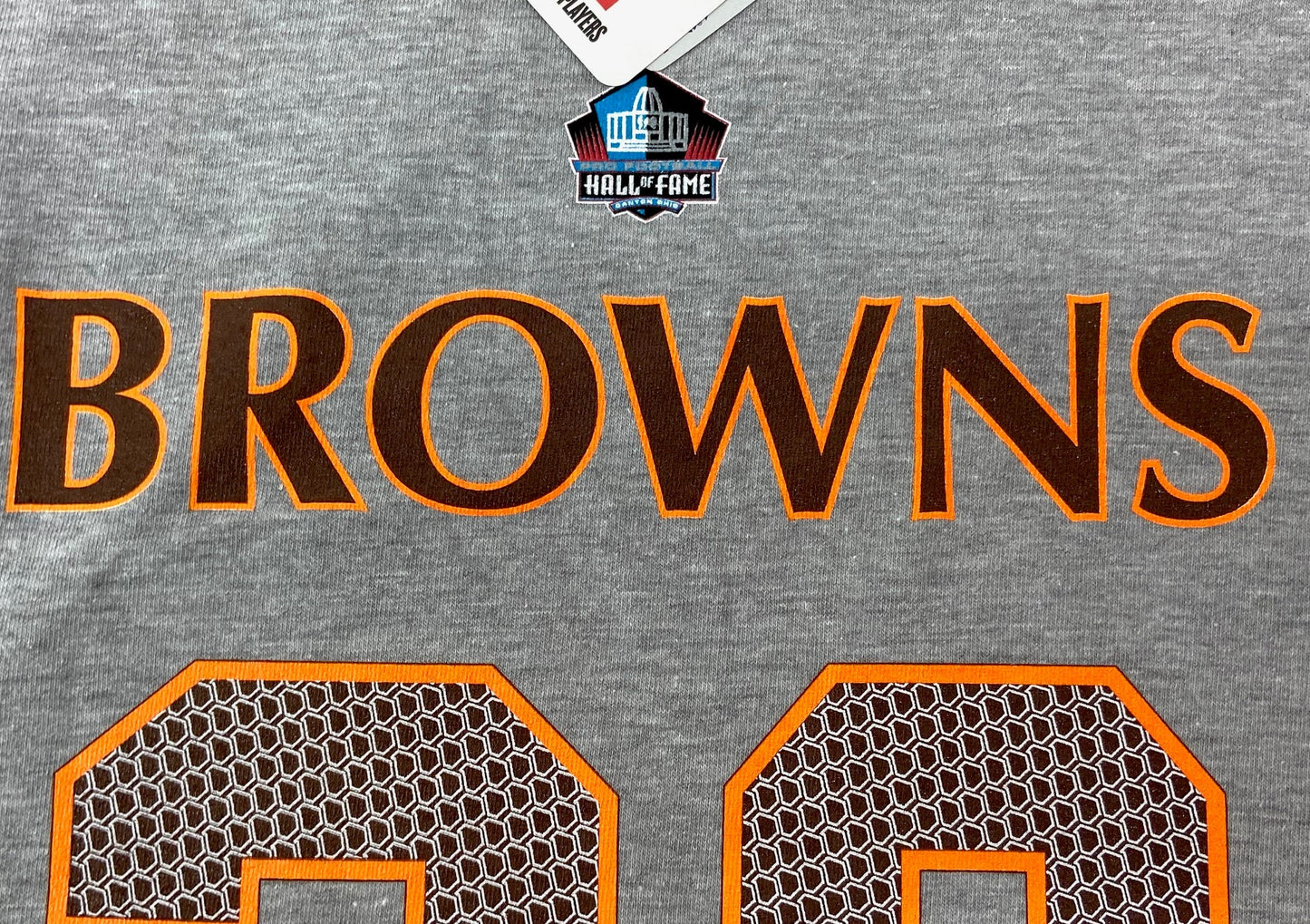 Jim Brown #32 NFL Cleveland Browns Men's and Women's Grey HOF T-Shirt by NFL Team Apparel/Majestic