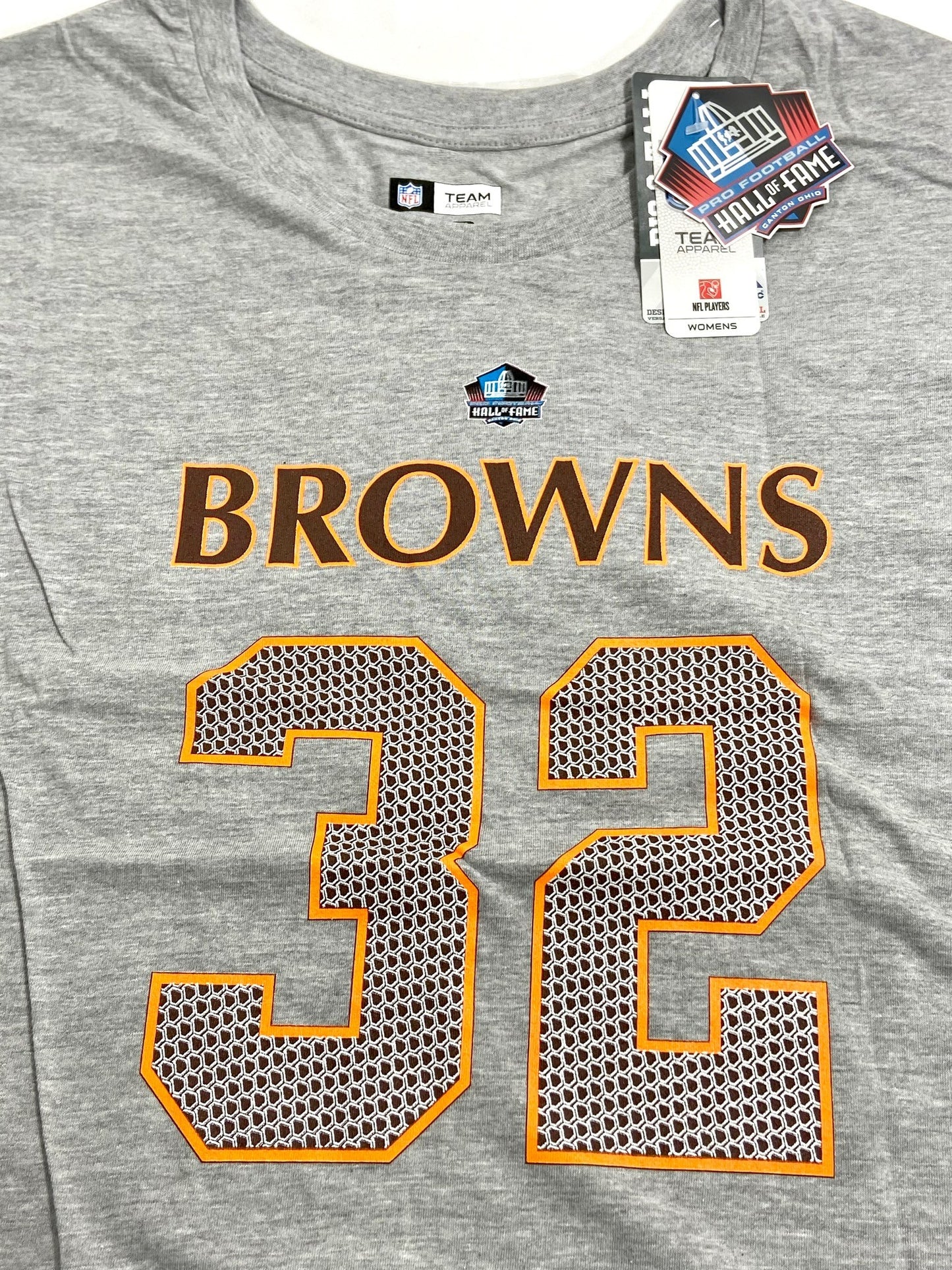 Jim Brown #32 NFL Cleveland Browns Men's and Women's Grey HOF T-Shirt by NFL Team Apparel/Majestic