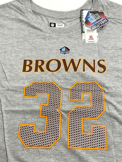 Jim Brown #32 NFL Cleveland Browns Men's and Women's Grey HOF T-Shirt by NFL Team Apparel/Majestic