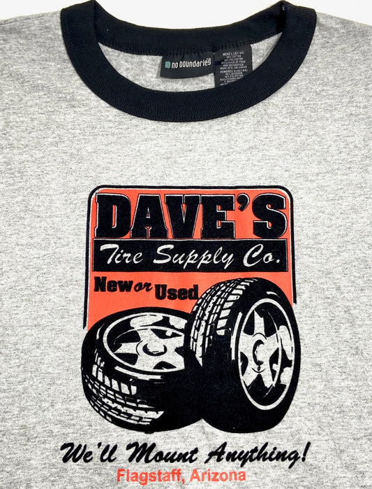 Dave's Tire Supply "We'll Mount Anything" Textured Gray Large T-Shirt by Unknown