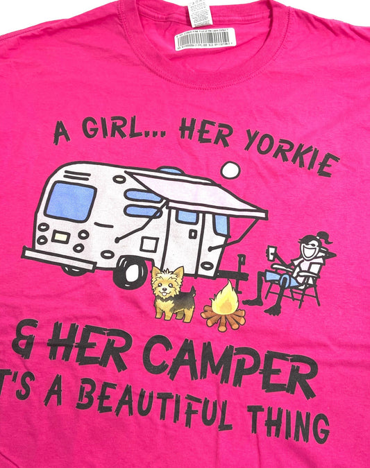 A Girl, Her Yorkie, ... Adult XL Pink T-Shirt by Unknown (READ BELOW!!)