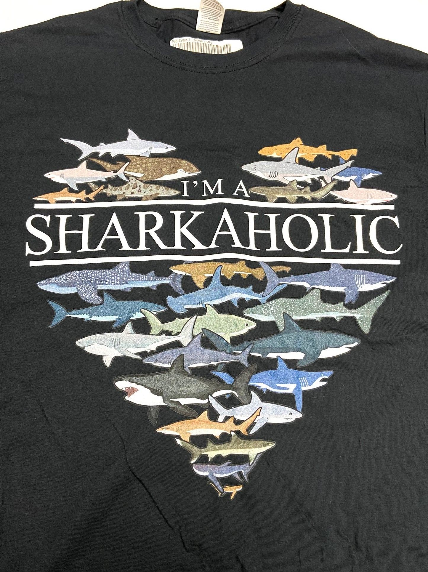 "I'm a Sharkaholic" Adult Medium Black T-Shirt by Unknown