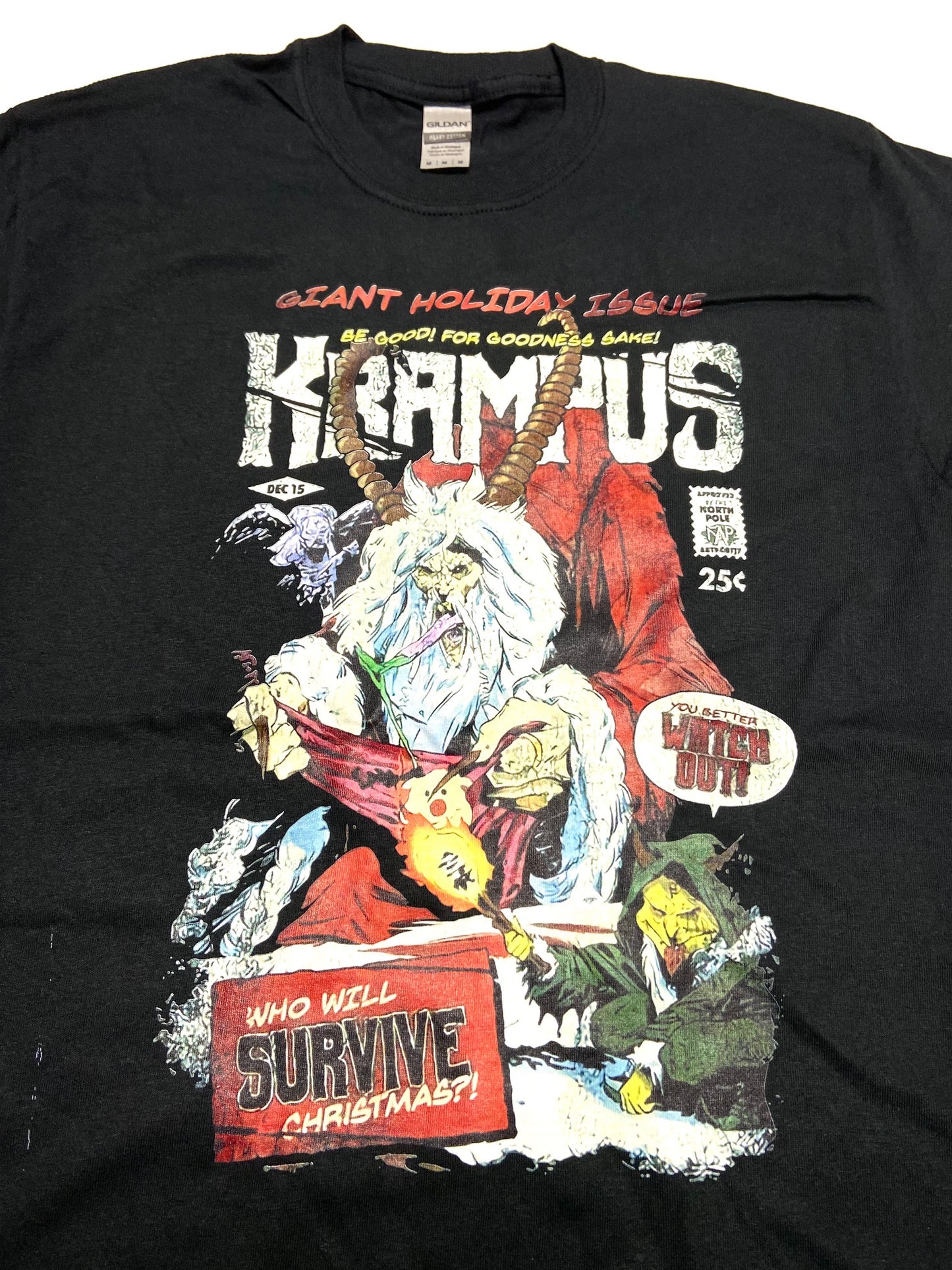 Krampus "Who Will Survive Christmas?" Adult Medium Black T-Shirt by Unknown