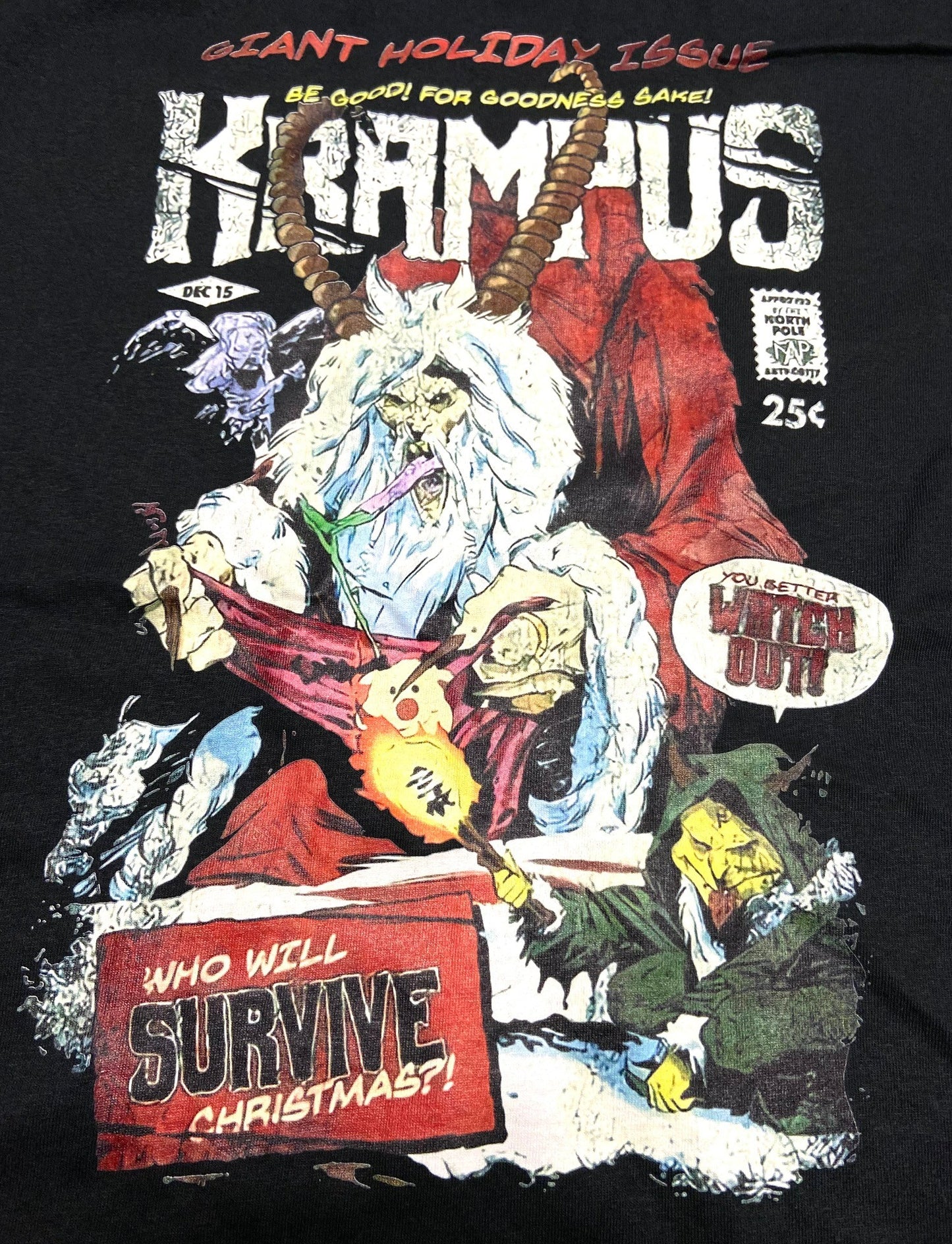 Krampus "Who Will Survive Christmas?" Adult Medium Black T-Shirt by Unknown