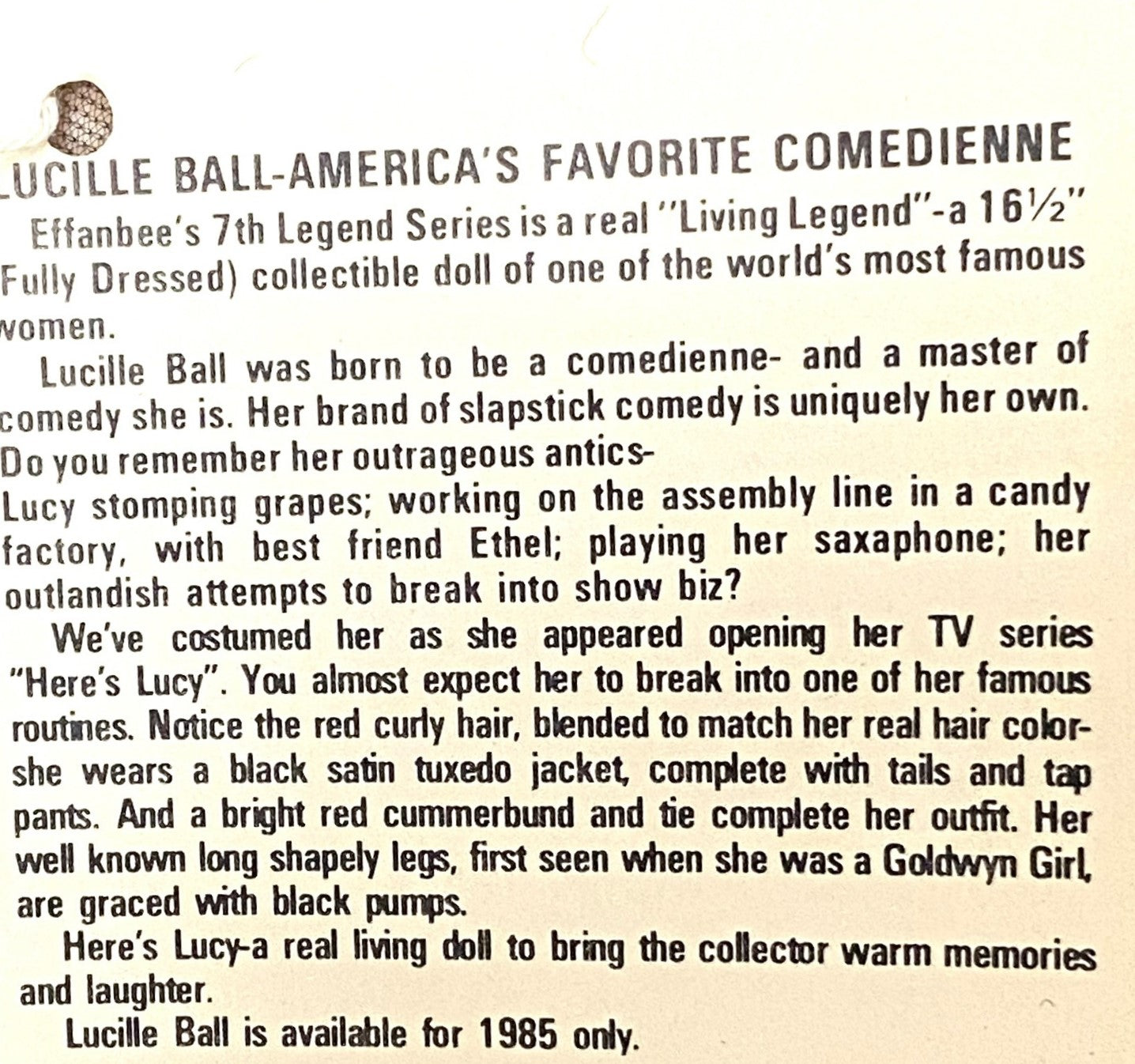 Lucille Ball Debut of Here's Lucy 15 1/2" Tall Lucy Doll by Effanbee (Mfg 1985)