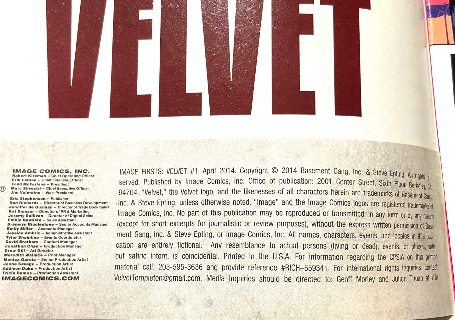 Velvet: "Before the Living End" April 2014 Issue #1 by Image Comics