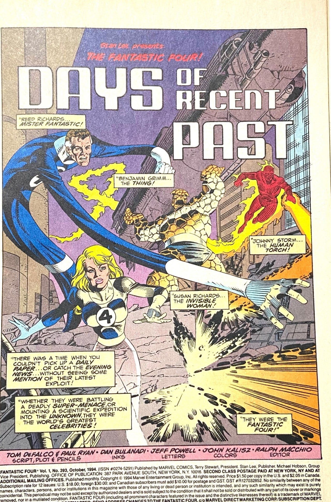 The Fantastic Four: "Days of Recent Past" Issue #393 October 1994 by Marvel Comics