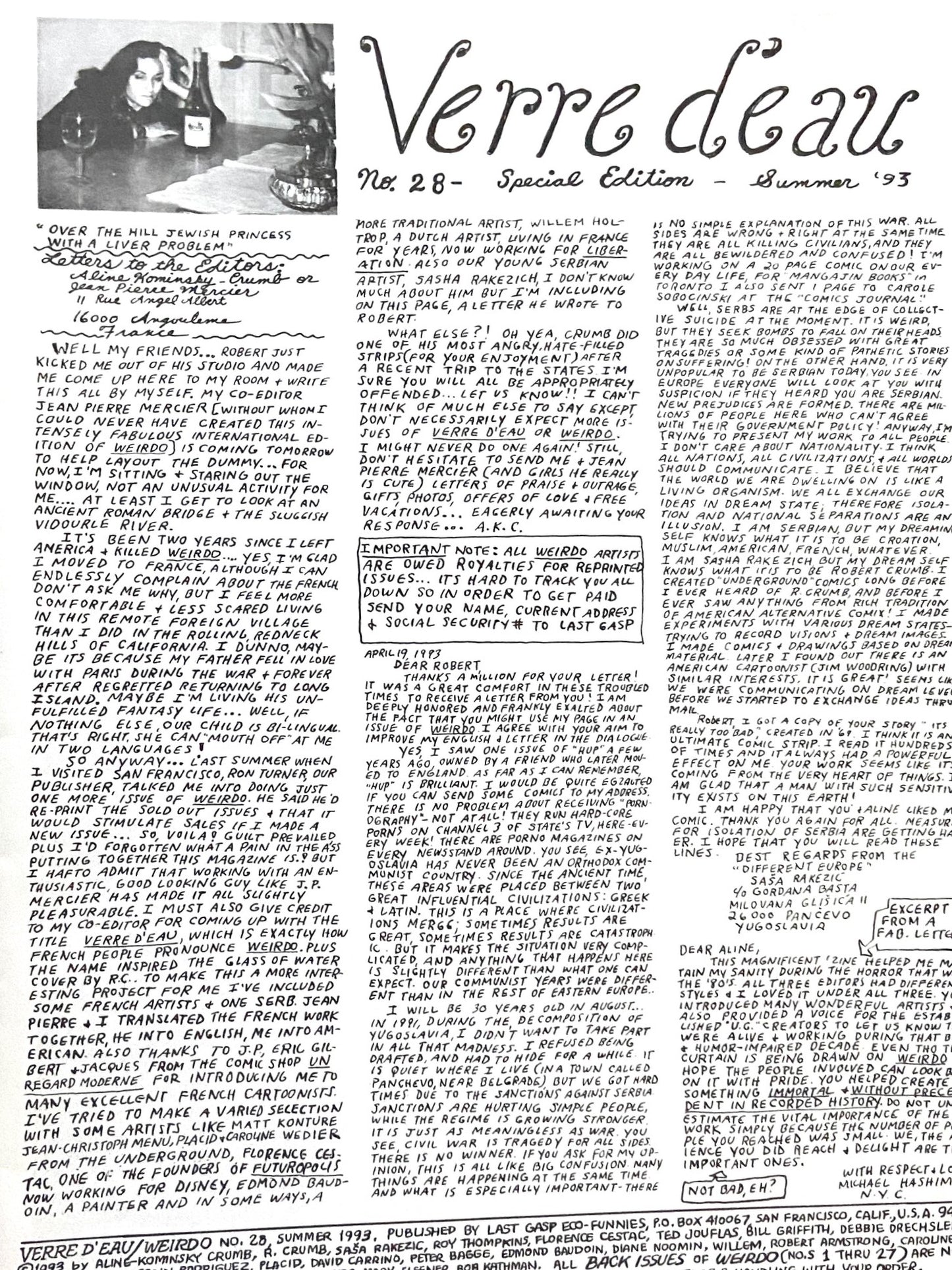 Verre D'eau: R. Crumb "Weirdo" Summer 1993 Issue #28 by Last Gasp