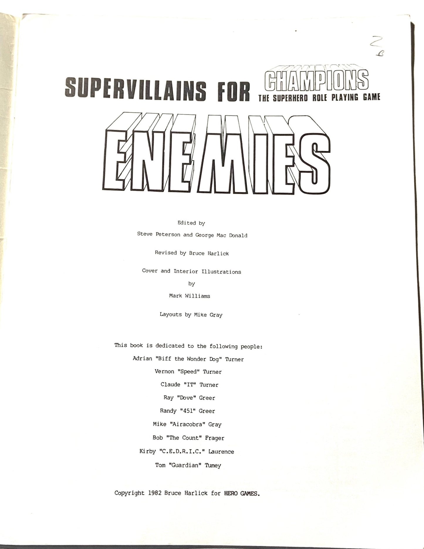 Enemies: "Supervillians for Champions" 1982 by Bruce Harlick/ Hero Games