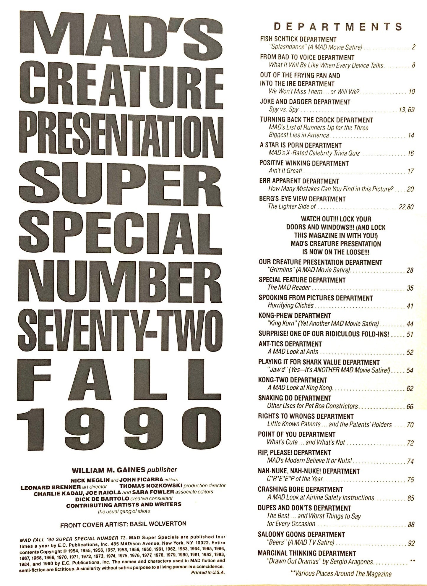 Mad Fall Special: "Our Creature Presentation" Issue #72 Fall 1990 by E.C. Publications