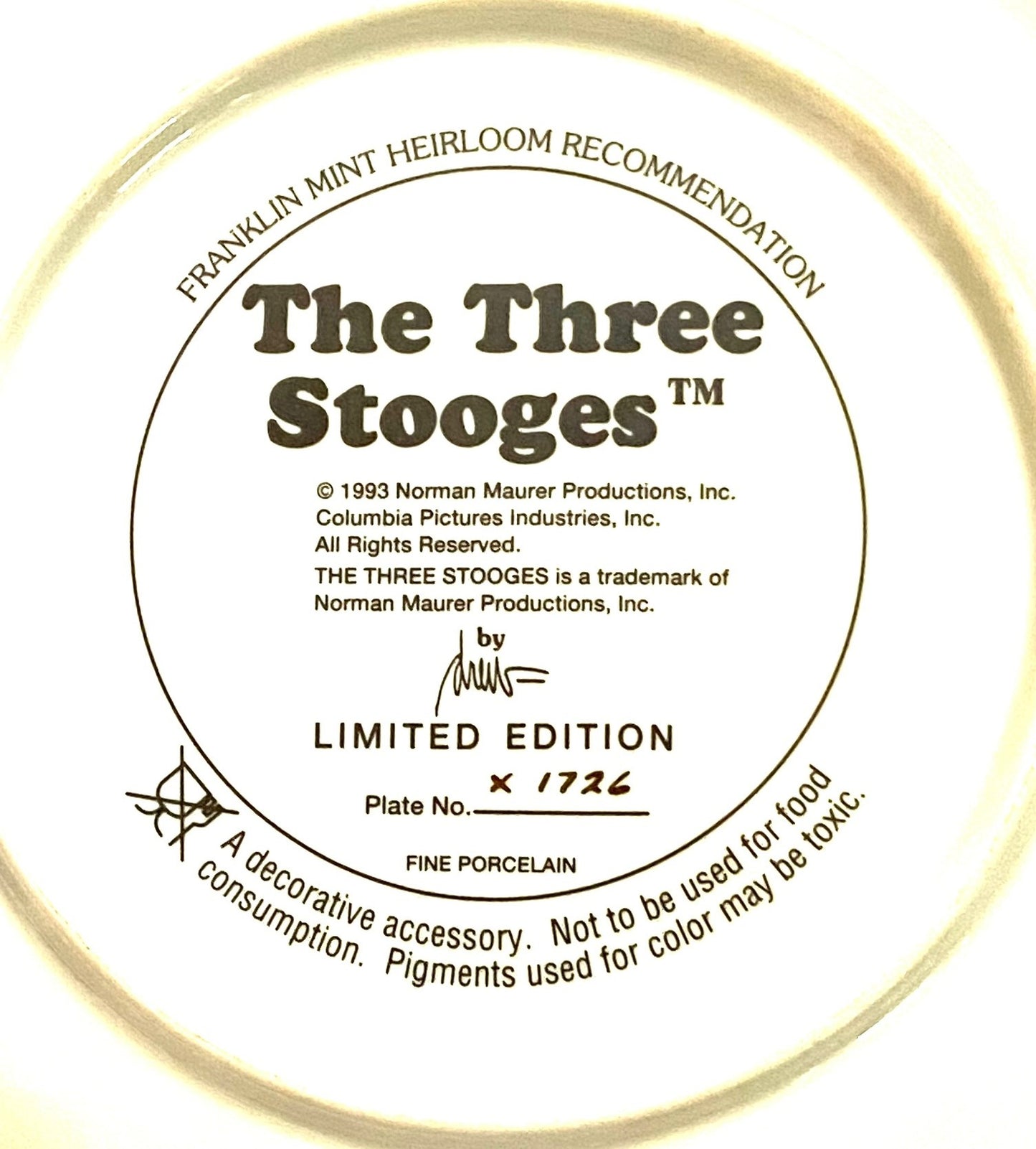 The Three Stooges 1993 Ltd. Ed. Porcelain Collectors Plate by Franklin Mint