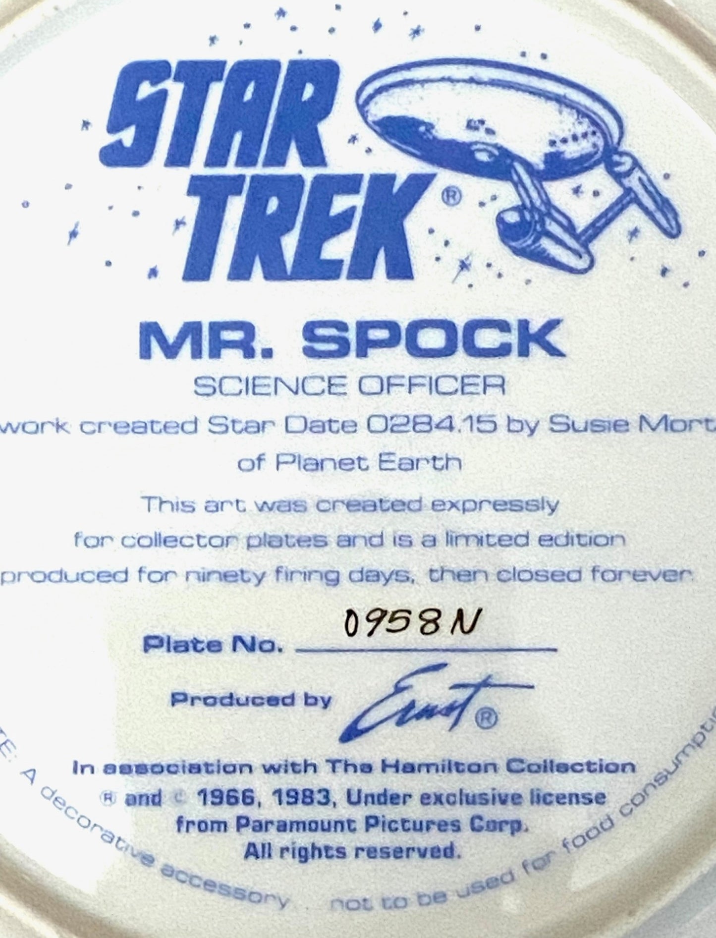 "Spock" 1984 Ltd. Ed. Star Trek Porcelain Collectors Plate (Used) by Ernst/Hamilton Collection