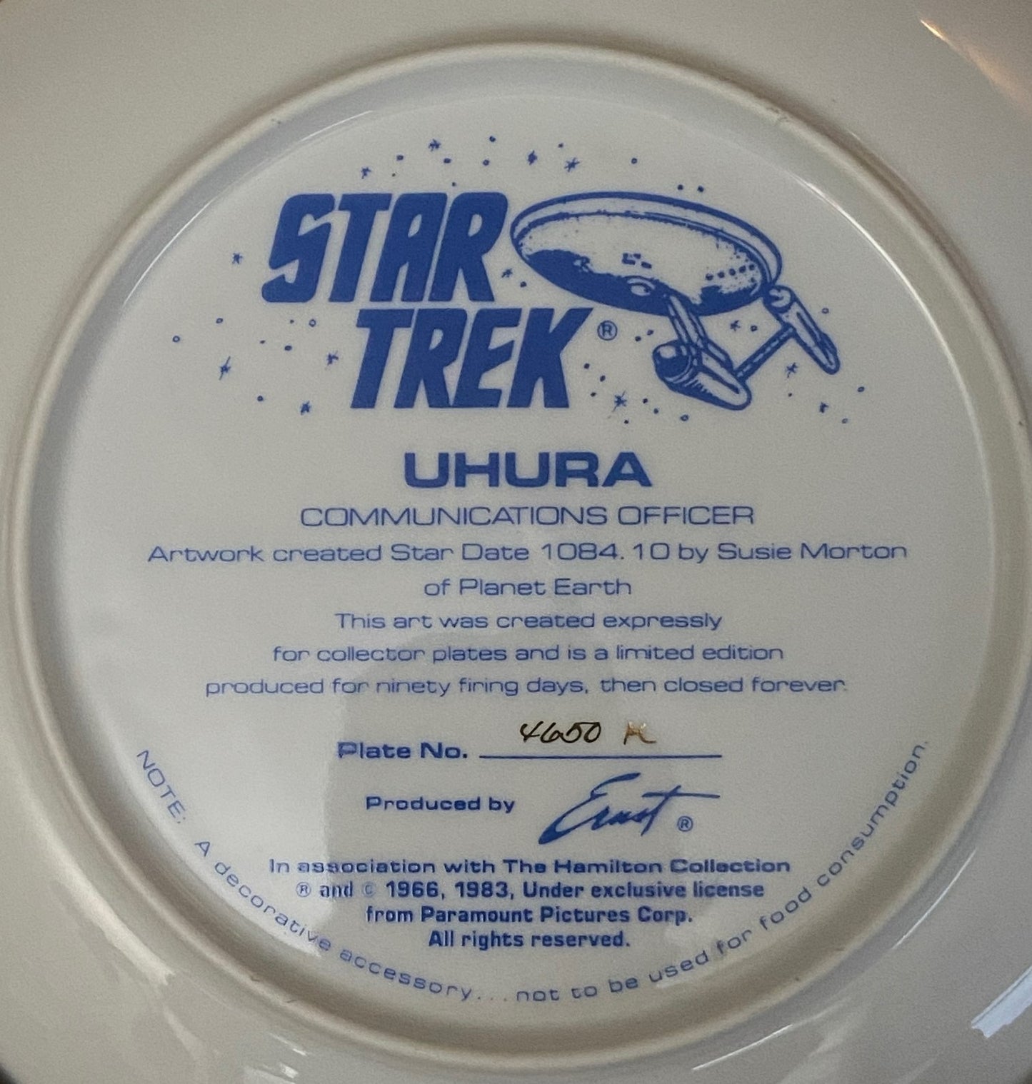 "Uhura" 1984 Ltd. Ed. Star Trek Porcelain Collectors Plate (Used) by Ernst/Hamilton Collection