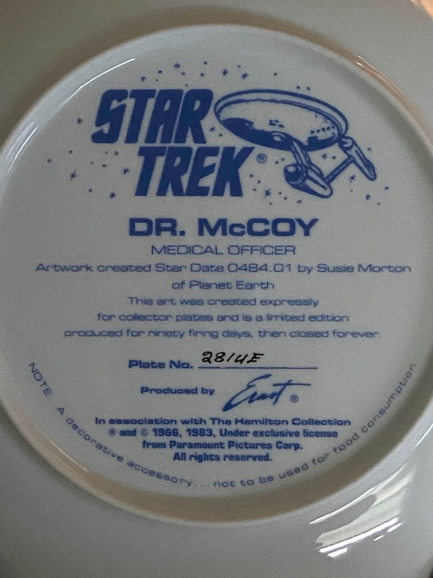 "Dr. McCoy" 1984 Ltd. Ed. Star Trek Porcelain Collectors Plate (Used) by Ernst/Hamilton Collection