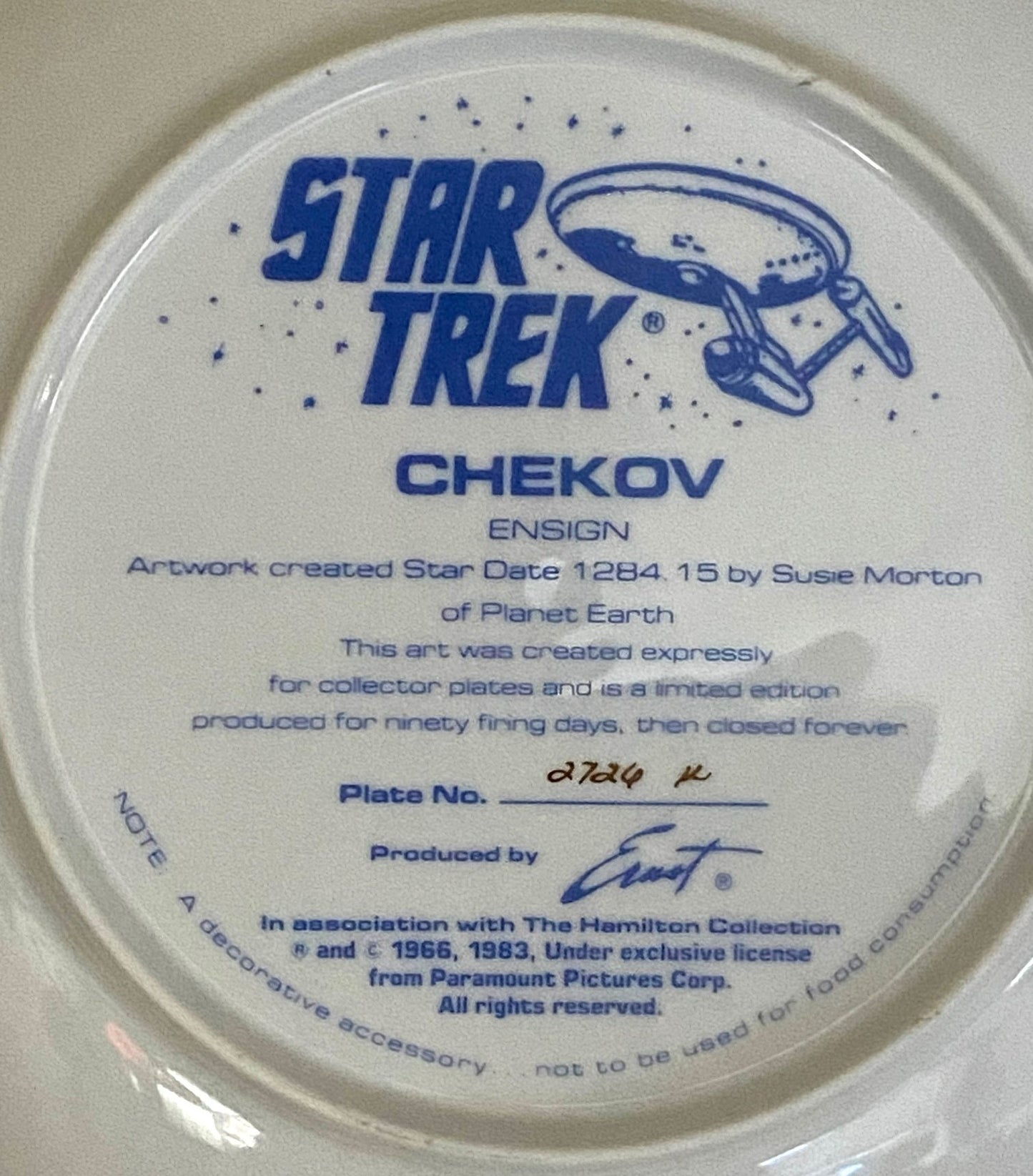 "Chekov" 1984 Ltd. Ed. Star Trek Porcelain Collectors Plate (Used) by Ernst/Hamilton Collection