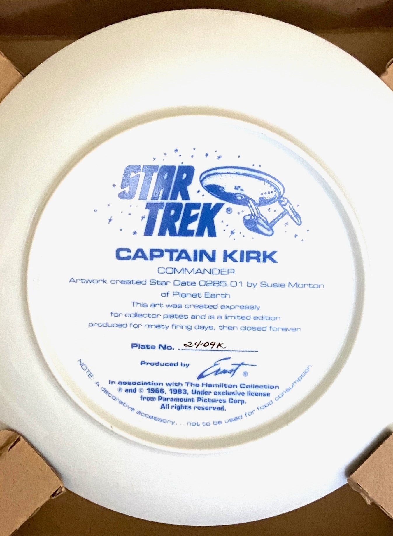 "Captain Kirk" 1984 Ltd. Ed. Star Trek Porcelain Collectors Plate (Used) by Ernst/Hamilton Collection