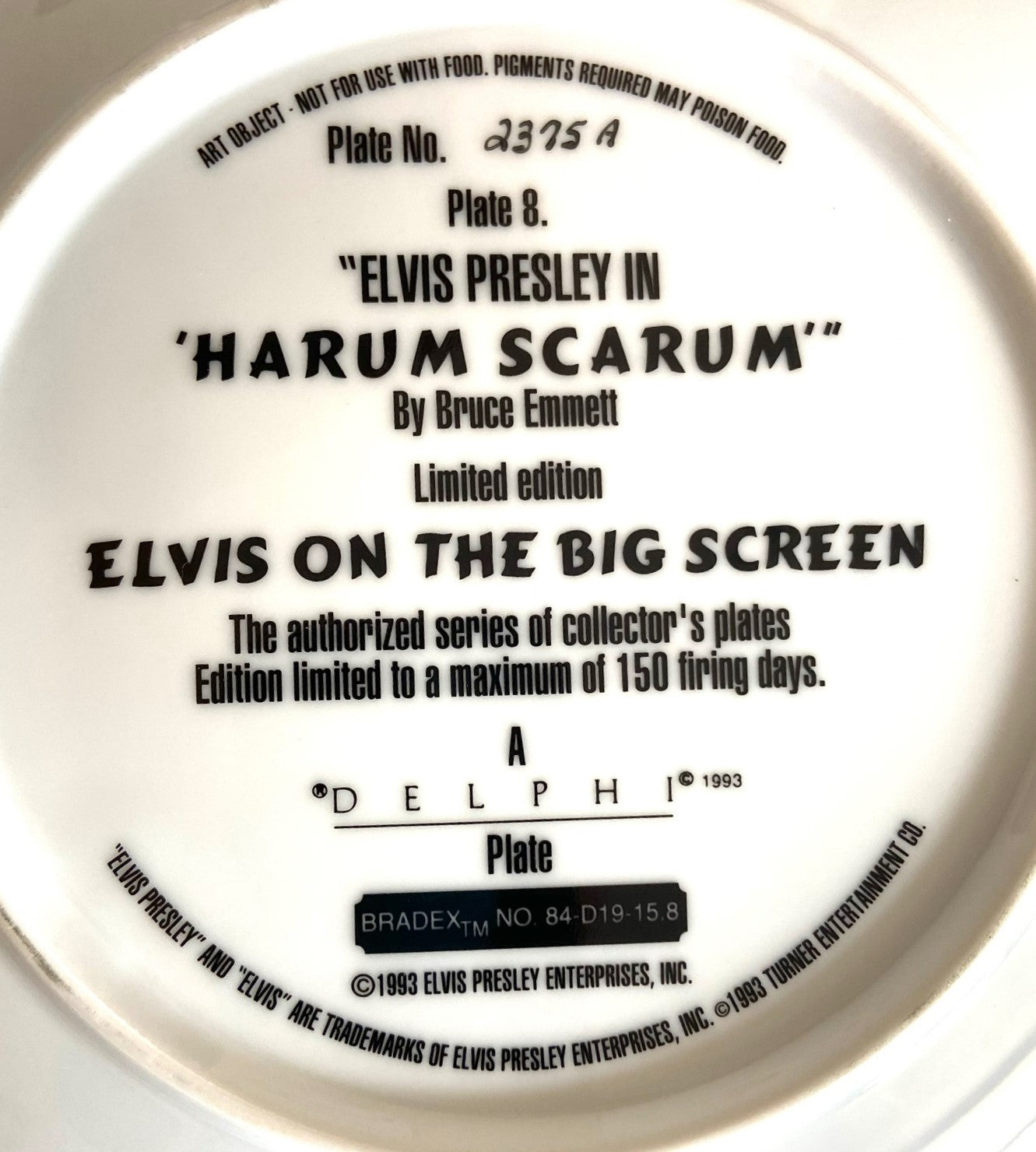 Elvis Presley 1993 Ltd. Ed. "Harum Scarum" Collector's Plate (Used) by Delphi/EPE