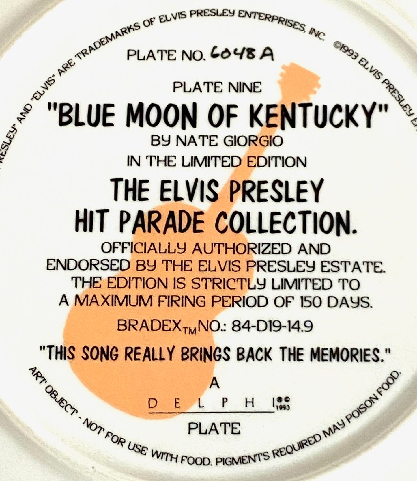 Elvis Presley 1993 Ltd. Ed. "Blue Moon of Kentucky" Collector's Plate (Used) by Delphi/EPE