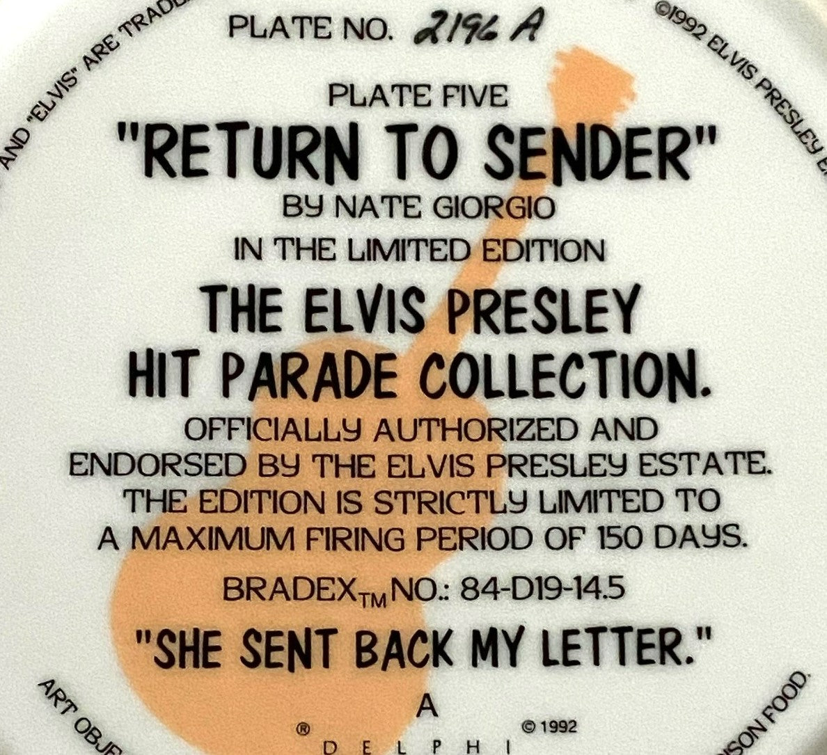 Elvis Presley 1992 Ltd. Ed. "Return to Sender" Collector's Plate (Used) by Delphi/EPE